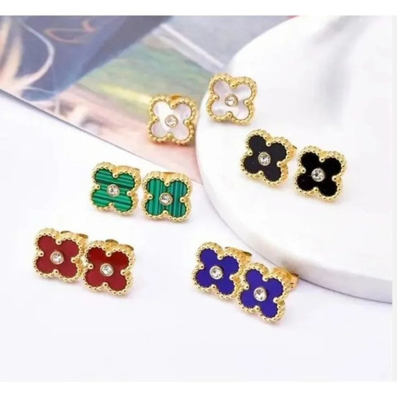 New Four-leaf Clover With Diamond Stud Earrings For Women 18k Titanium Steel Ear - Picture 3 of 3